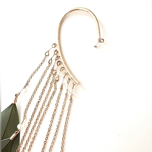 Green Feather Ear Cuff, Gold Hardware - Picture 3 of 5